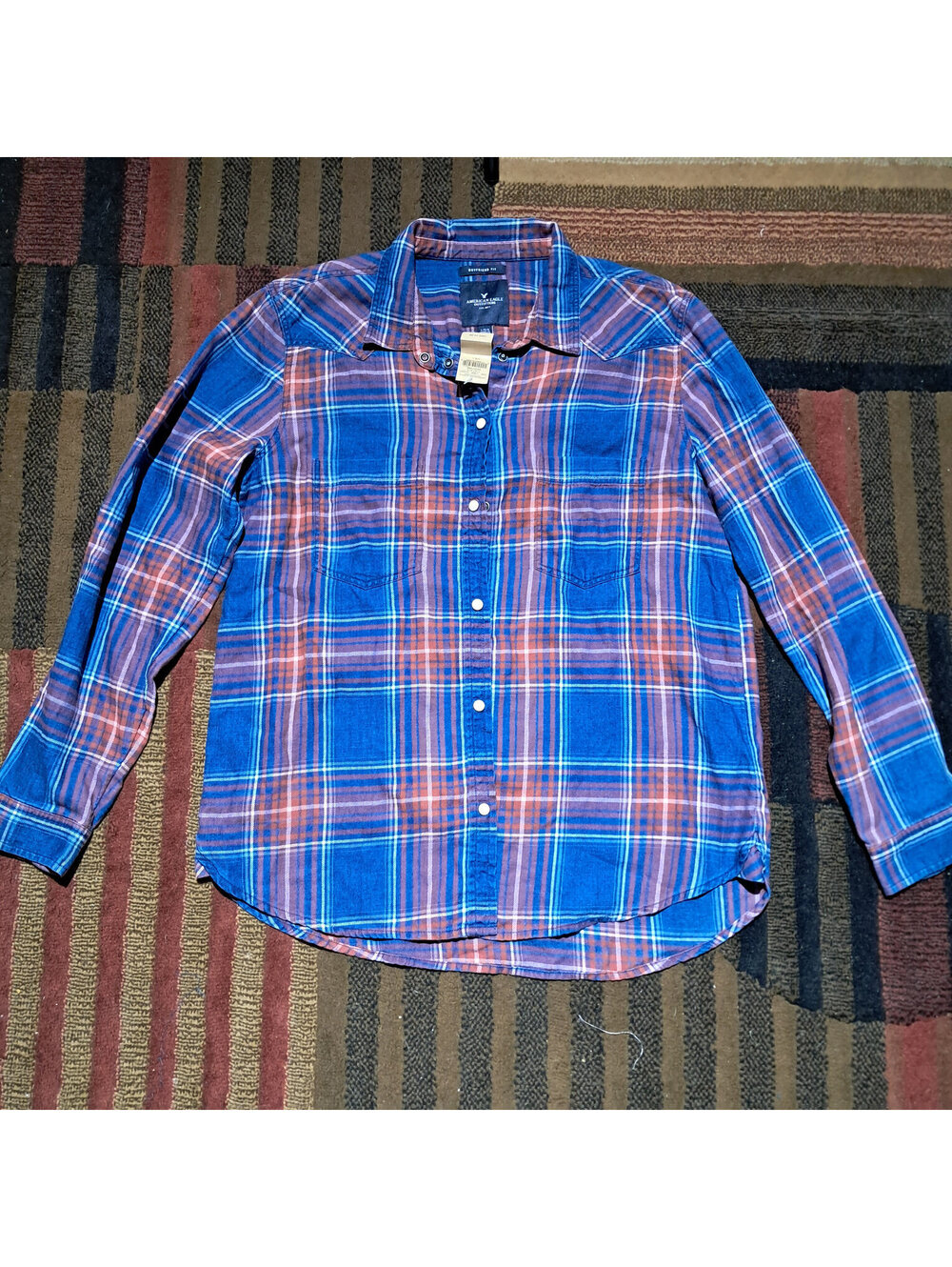 American Eagle Boyfriend Fit Blue Red Plaid Shirt Size L